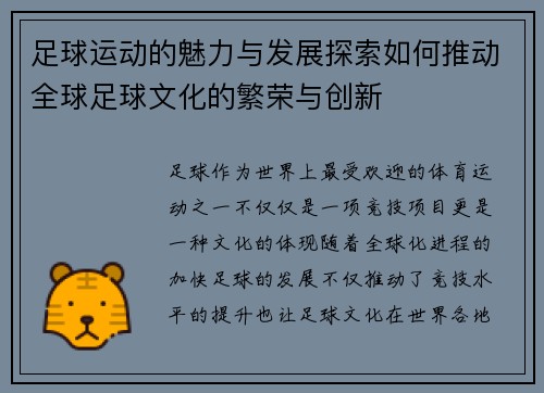 足球运动的魅力与发展探索如何推动全球足球文化的繁荣与创新