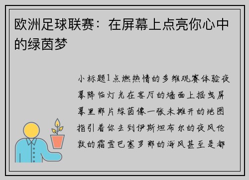 欧洲足球联赛：在屏幕上点亮你心中的绿茵梦