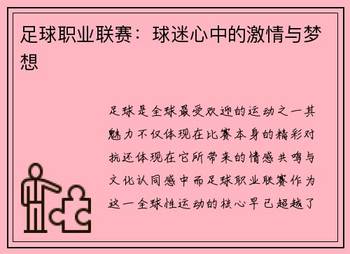 足球职业联赛：球迷心中的激情与梦想